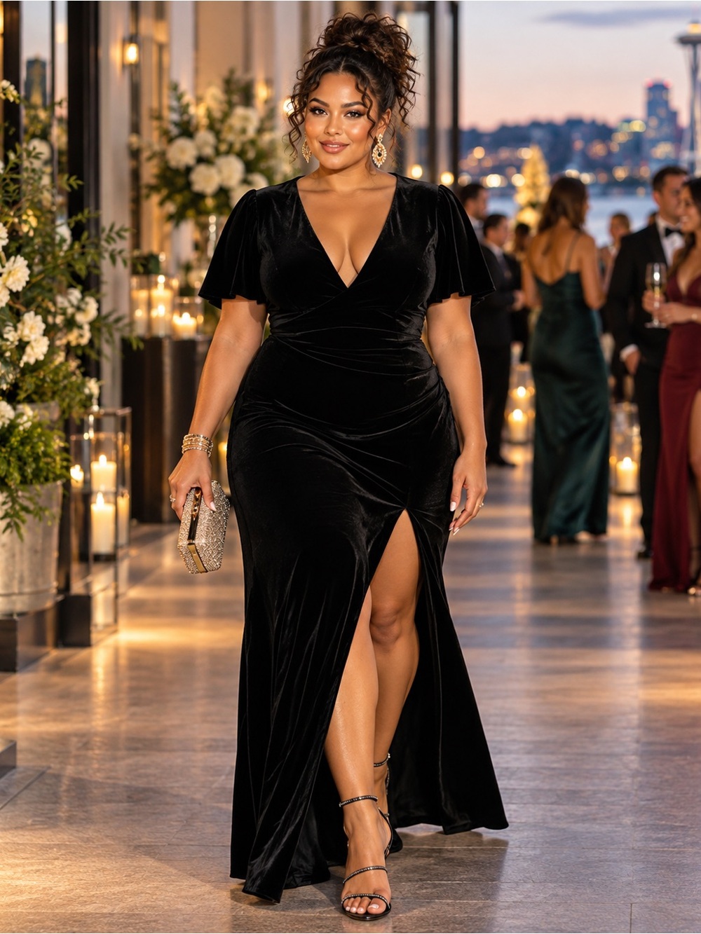 NWOT Lulu's Black Velvet Flutter Sleeve Trumpet Maxi Dress Size XL=14